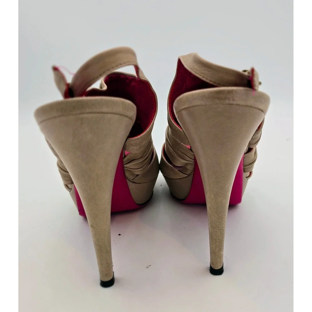 Creazioni Taccetti Beige Ruched Leather Peep‎ Toe Slingback Heels 38/7.5 Italian
